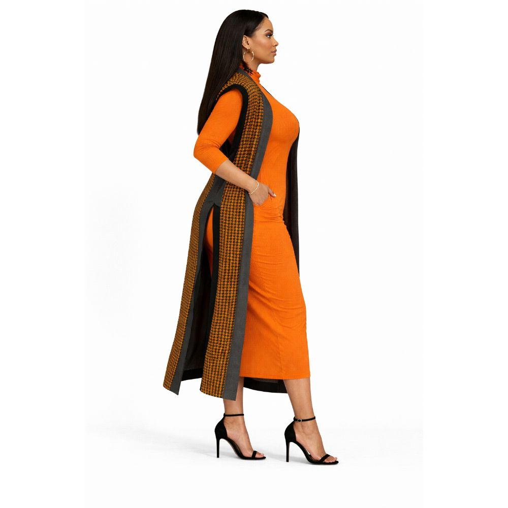 Orange Ribbed Midi Dress with Patterned Sleeveless Overlay
